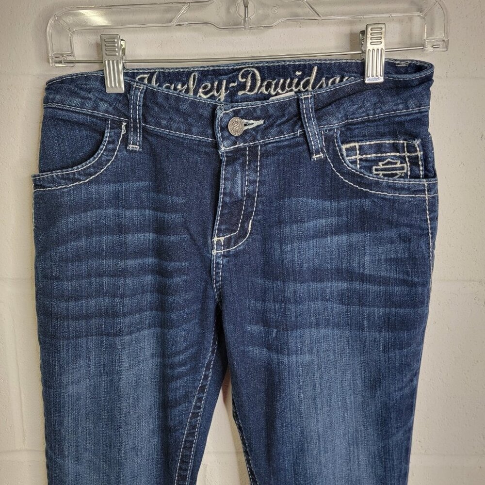 Harley Davidson Angel Wing Biker Bling Pocket Jeans Womens 0 Tall Y2K Dark Wash - Picture 7 of 12